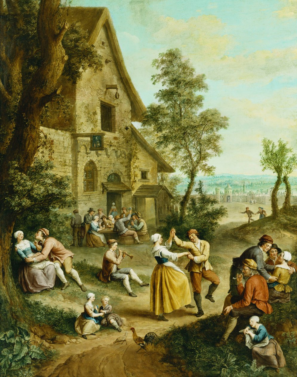 Bönder som dansar och pysslar inför en krog, en muromgärdad stad bortom, av Francois Louis Joseph Watteau