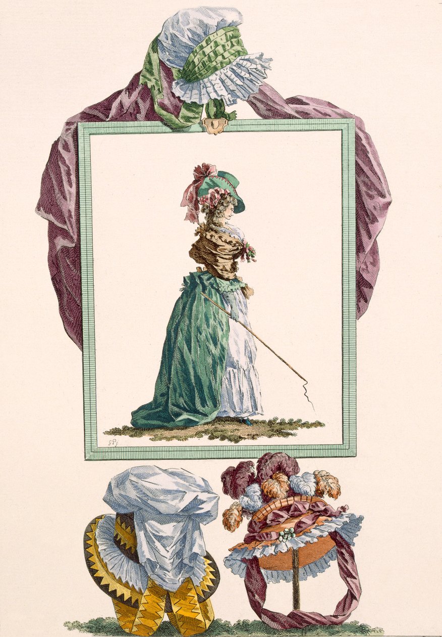 Ung kvinna klädd i pierrot caraco som håller en vagnspiska, graverad av Dupin, platta nr 238 från "Galeries des Modes et Costumes Francais", ca 1778-87. av Francois Louis Joseph Watteau