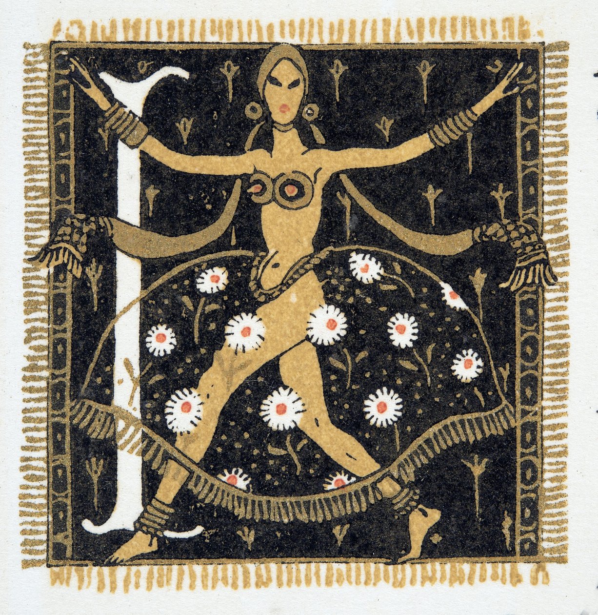 Bokstaven "L" från Personages de Comedie, pub. 1922 (stenciltryck) av Francois Louis Schmied