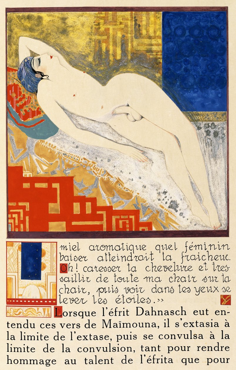 Manlig liggande naken, från "History of the Princess Boudour- Tales of a Thousand and One Nights" av Francois Louis Schmied