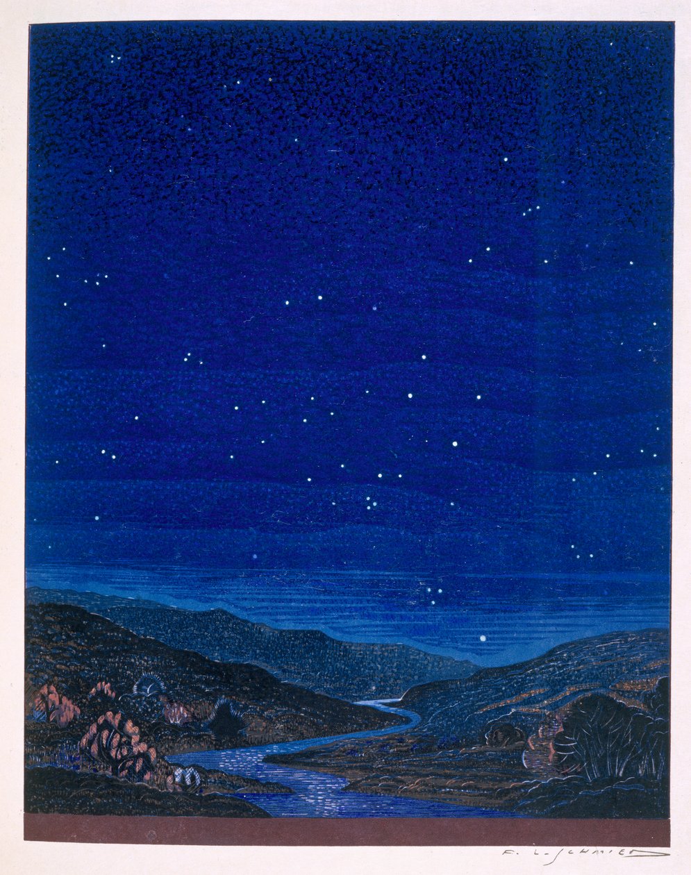 Nattlandskap, illustration från Rudyard Kiplings "Kim", 1930 av Francois Louis Schmied