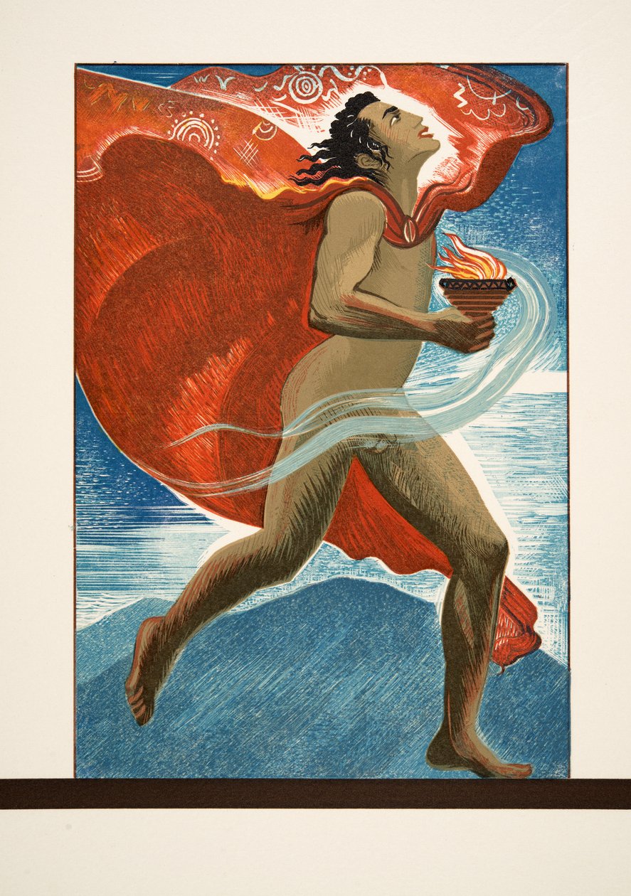 Prometheus Running with Fire, från Prométhée Enchaîné av Aeschylus, pub. 1941 (pochoirtryck) av Francois Louis Schmied