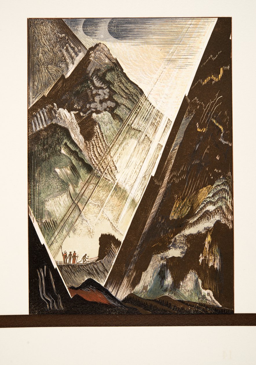 Prometheus spikas till klippan av Hephaestus, Kratos och Bia, från Prométhée Enchaîné av Aeschylus, pub. 1941 (pochoirtryck) av Francois Louis Schmied