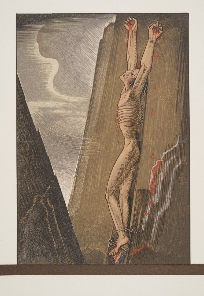 Prometheus spikad till klippan, från Prométhée Enchaîné av Aeschylus, pub. 1941 (pochoirtryck) av Francois Louis Schmied