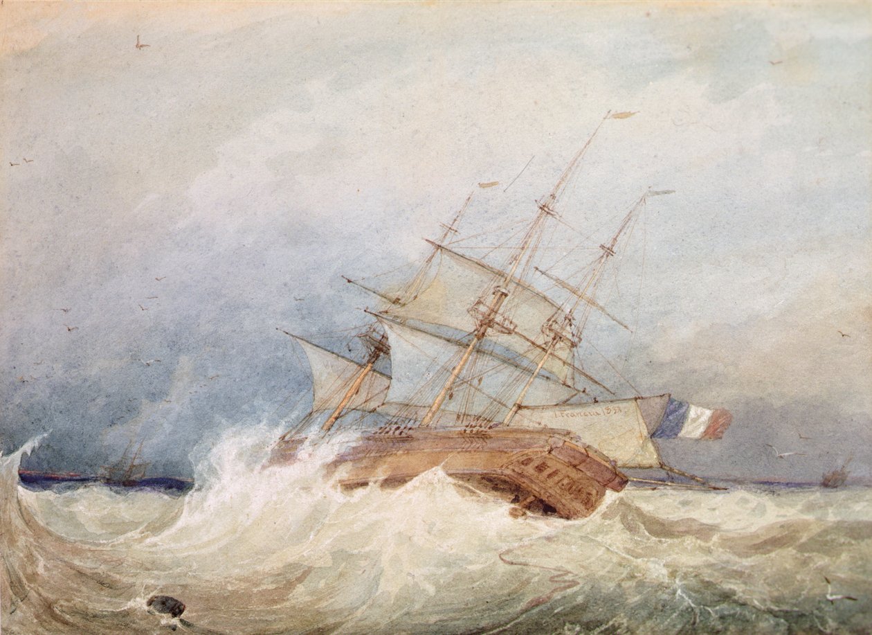 En fransk fregatt i stormigt väder (akvarell) av Francois Louis Thomas Francia