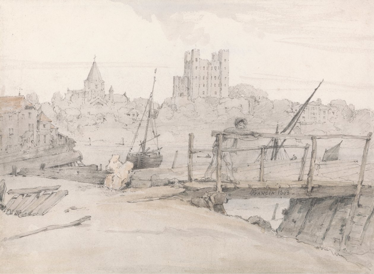 Sydostvy över Rochester Castle och katedralen av Francois Louis Thomas Francia