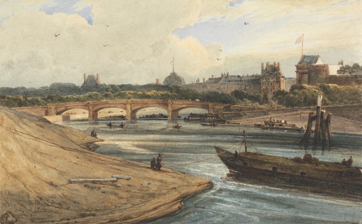 Pont de la Concorde och Tuileriepalatset från Cours la Reine av Francois Louis Thomas Francia