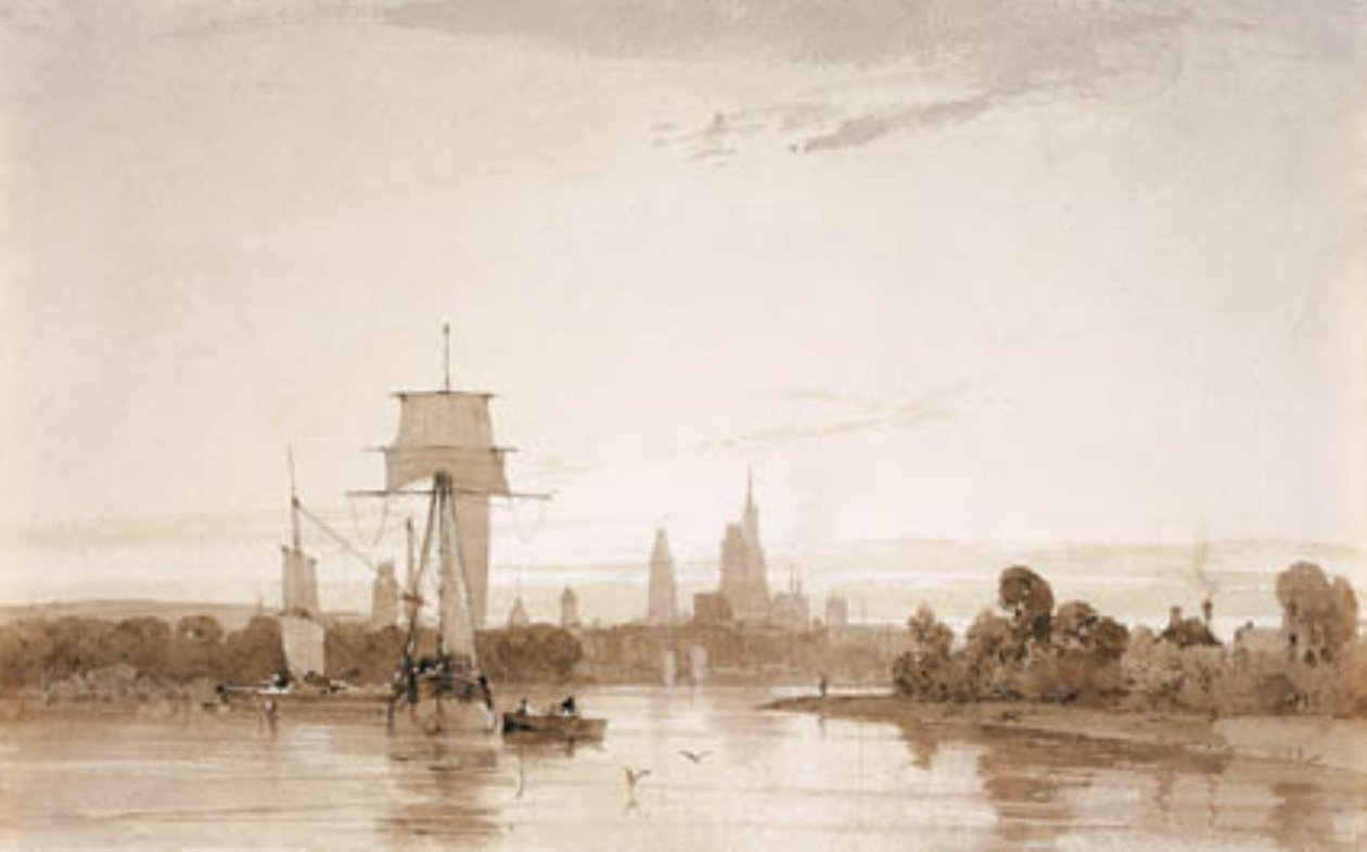 Utsikt från Seine mot Rouens katedral och stad. Morgon av Francois Louis Thomas Francia