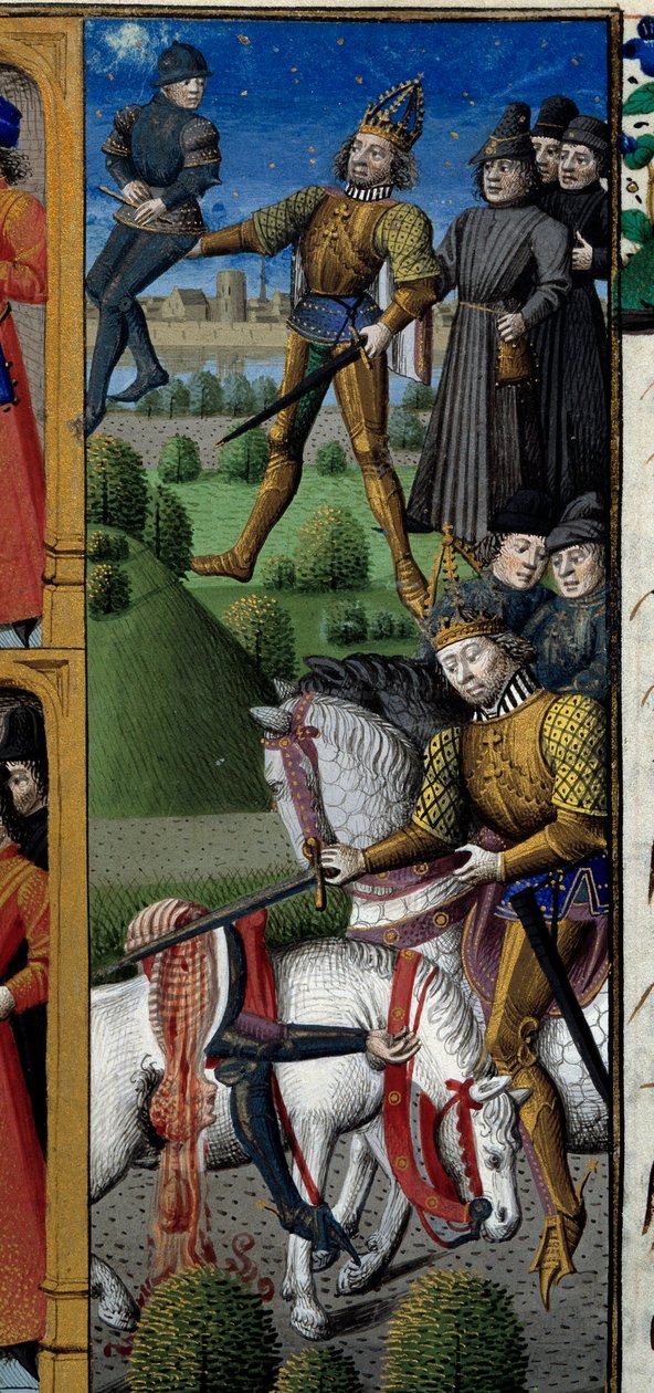 Scener från Karl den Stores liv (742-814) Frankernas kung: stridsplats. Apa. Miniatyr hämtad från manuskriptet "Speculum historiale"" (Le Mirror historial) av Vincent de Beauvais (1184/94-1264) upplyst av mästaren Francois (1400-talet) av Maître François