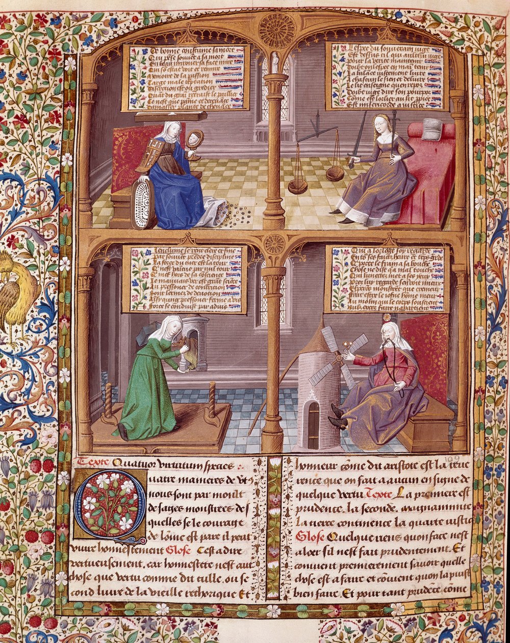 De fyra kardinalvirusen: försiktighet, styrka, kontinens och rättvisa. Sidan hämtad från ett manuskript av Seneque (Lucius Annaeus Seneca, 4 f.Kr.-65 e.Kr. JC), filosof av den stoiciska skolan, dramatiker och en romersk statsman upplyst av mästaren Francoi av Maître François