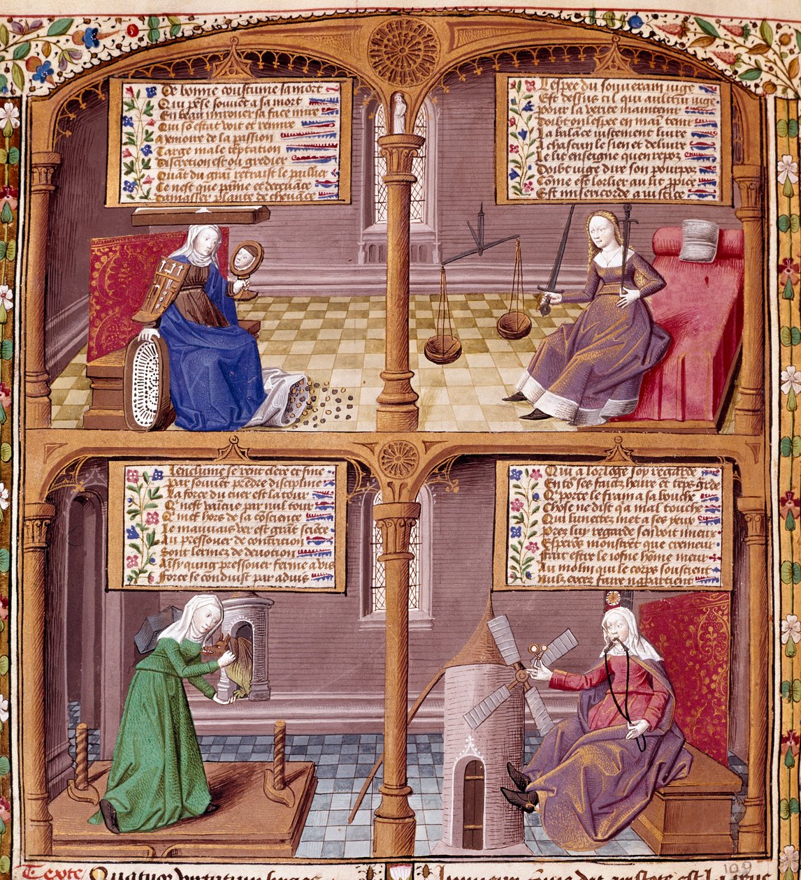 De fyra kardinalvirusen: försiktighet, styrka, kontinens och rättvisa. Sidan hämtad från ett manuskript av Seneque (Lucius Annaeus Seneca, 4 f.Kr.-65 e.Kr. JC), filosof av den stoiciska skolan, dramatiker och en romersk statsman upplyst av mästaren Francoi av Maître François