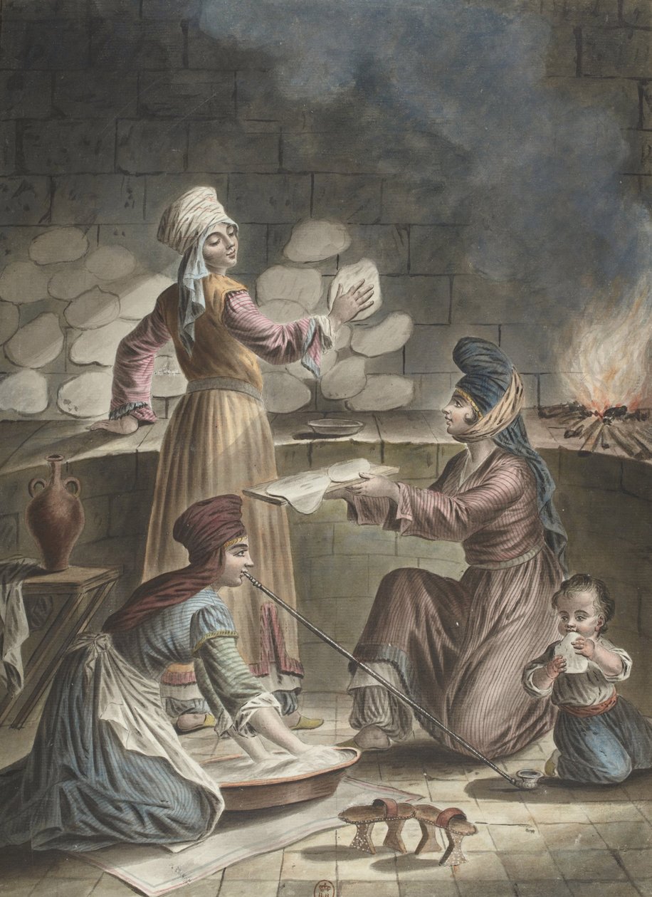 Turkiska kvinnor bakar bröd, 1790 av Francois Marie Rosset