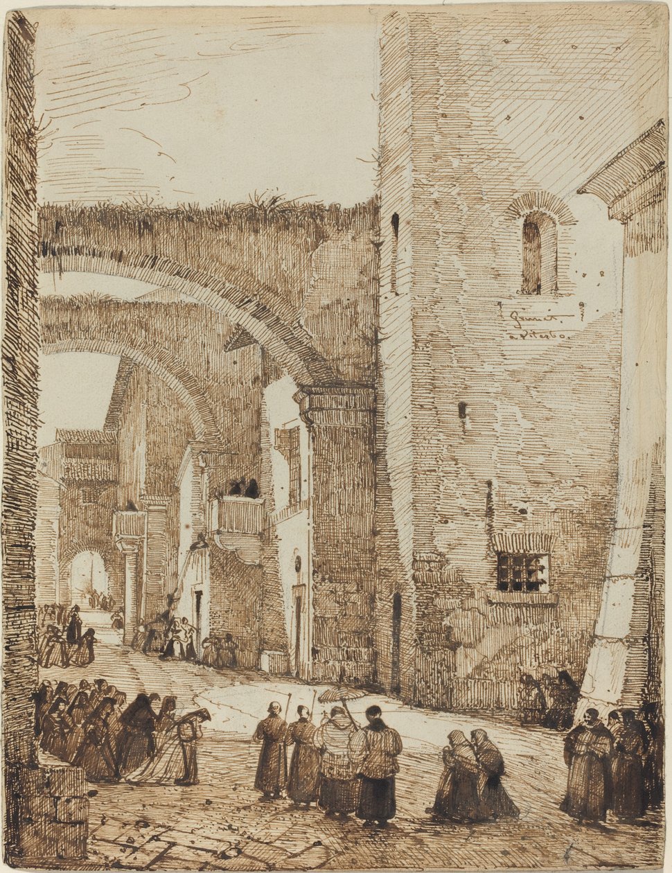 En präst bearbetar genom en medeltida gata i Viterbo av Francois Marius Granet