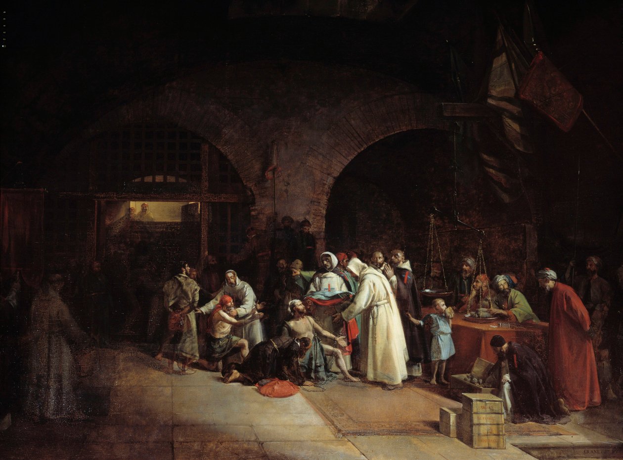 Fransk kolonisering av Algeriet: "" Inlösen av fångar i fängelserna i Alger"" Målning av Francois Marius Granet (1775-1849) 1831 Sön. 1,51x2 m av Francois Marius Granet
