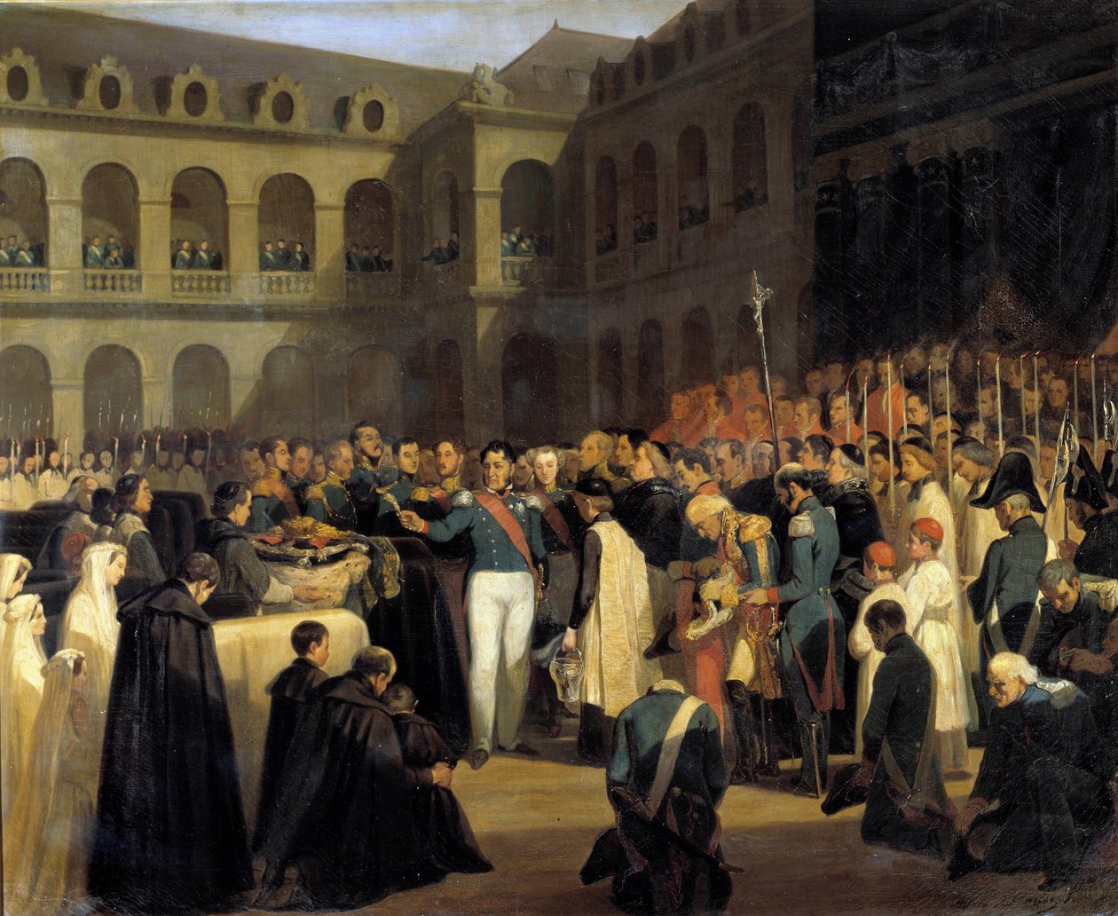 Begravning för offren för Fieschi-attacken den 5/08/1835 i närvaro av kung Louis-Philippe Attacken av Giuseppe Fieschi (korsikansk konspiratör) ägde rum den 28 juli 1835 mot Louis-Philippe I, fransmännens kung, Boulevard du Tempel i Paris. P av Francois Marius Granet
