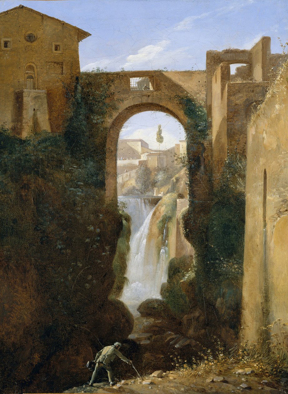 Ponte San Rocco och vattenfall, Tivoli, ca. 1810-20. av Francois Marius Granet