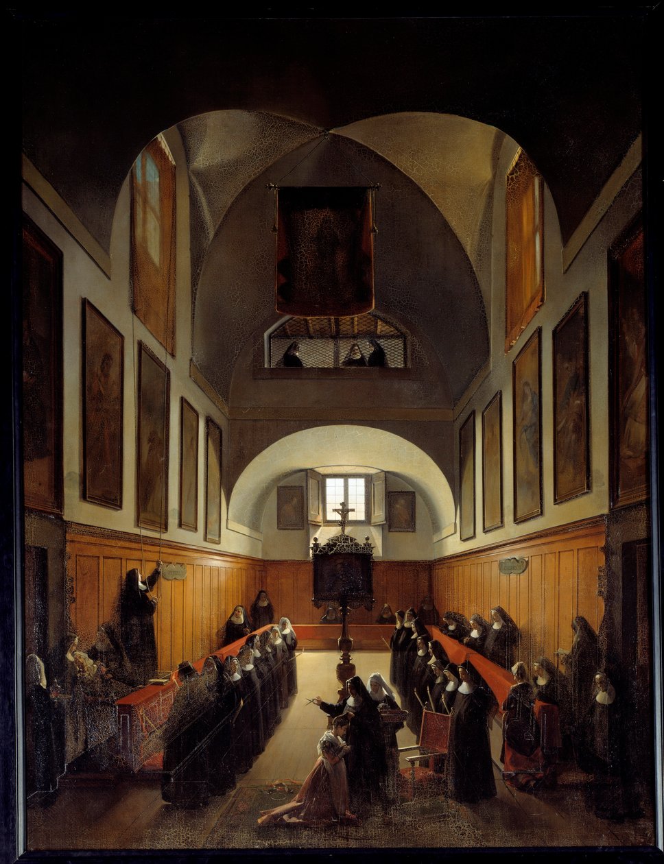 Tar kläder av en ung flicka från Albano i kören i klostret St. Clair i Rom. Målning av Francois Marius Granet (1775-1849) av Francois Marius Granet