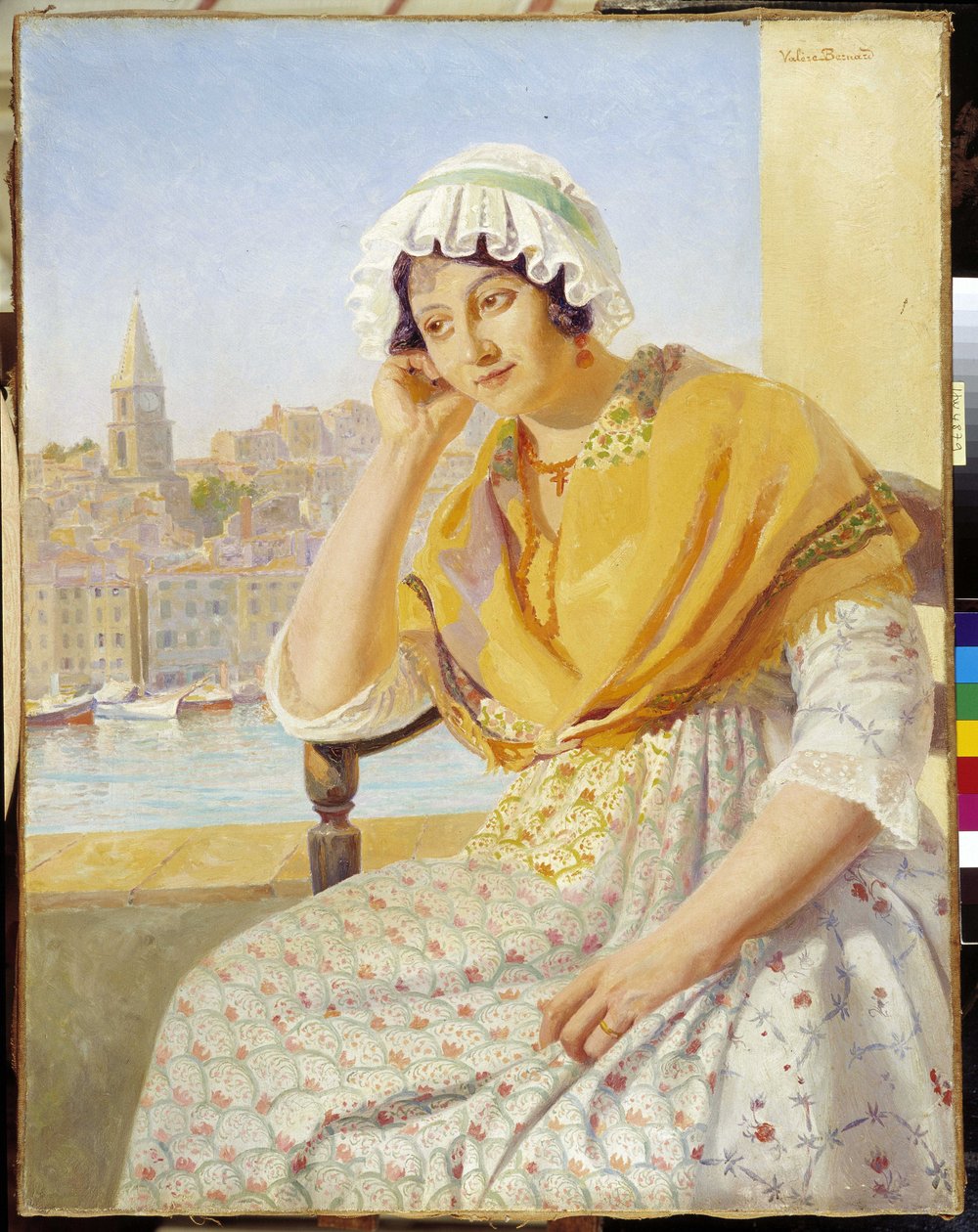 Madame Contencin på terrassen quai de Rive-Neuve i Marseille. Målning av Francois Marius Valere Bernard (1860-1936), Omnämnande obligatoriskt: Samlingsstiftelsens hälsningar från Provence, Marseille. av Francois Marius Valere Bernard