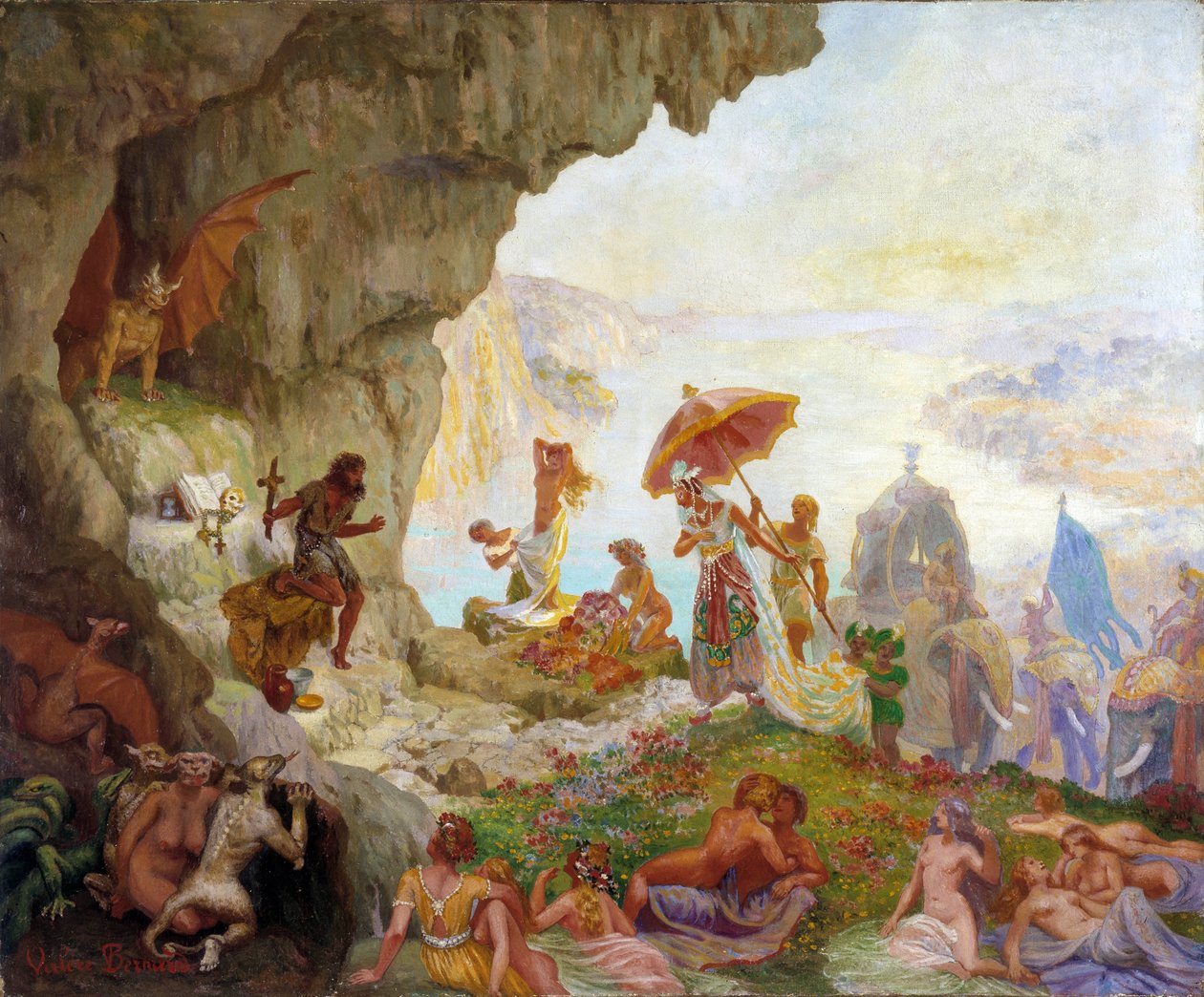 Frestelsen av Sankt Antonius den store (eller Sankt Antonius Eremiten eller Sankt Antonius Abbe) av drottningen av Sabah (eller Saba) Målning av Francois Marius Valere Bernard (1860-1936) Dim. 60x73 cm. Obligatoriskt omnämnande: Collection fondation regard av Francois Marius Valere Bernard