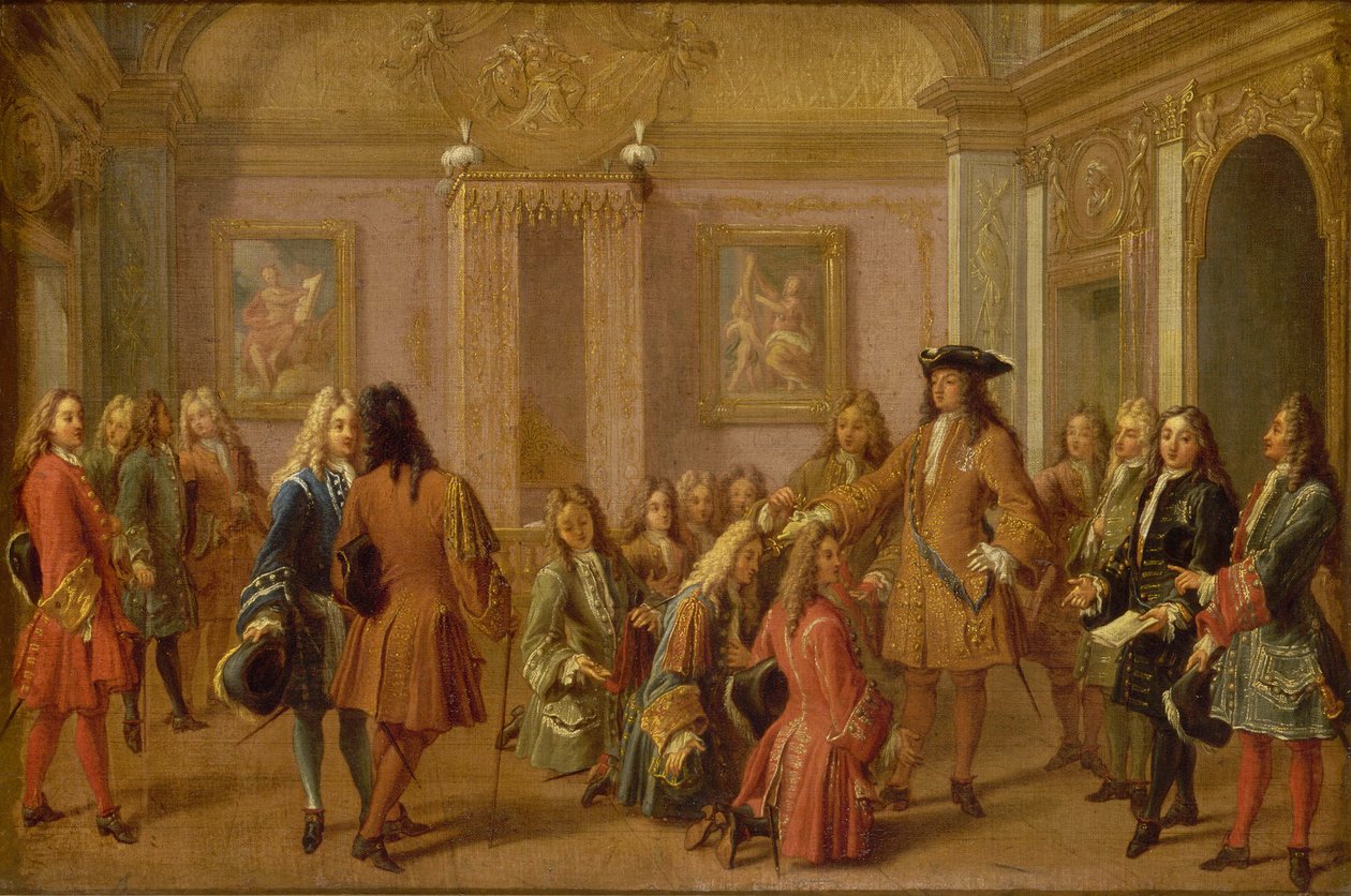 Den första marknadsföringen av riddarna av Saint Louis av Ludvig XIV, Versailles 8 maj 1693, 1710. av Francois Marot