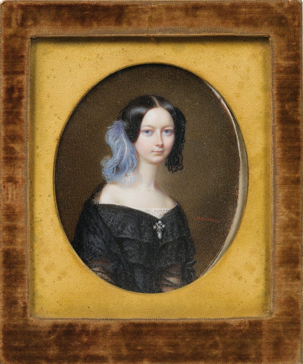 Helene de Mecklembourg Schwerin (Mecklembourg-Schwerin) - Hertiginna Helene av Mecklenburg-Schwerin (1814-1858), senare hertiginna av Orleans av Meuret, Francois (1800-1887), ca 1835 - Akvarell, Gouache på kartong, 9,5x7,5 - Privat samling av Francois Meuret