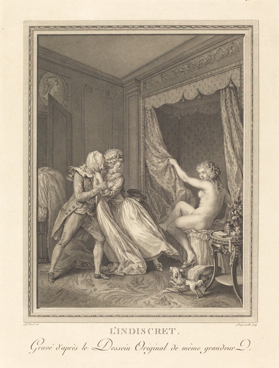 Det indiskreta av Francois Nicolas Barthelemy Dequevauviller after Antoine Borel