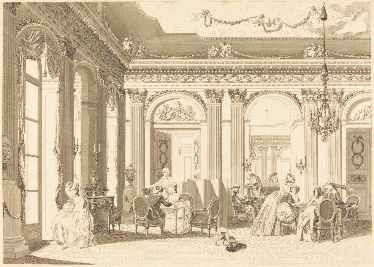 Monteringen i vardagsrummet av Francois Nicolas Barthelemy Dequevauviller after Nicolas Lavreince
