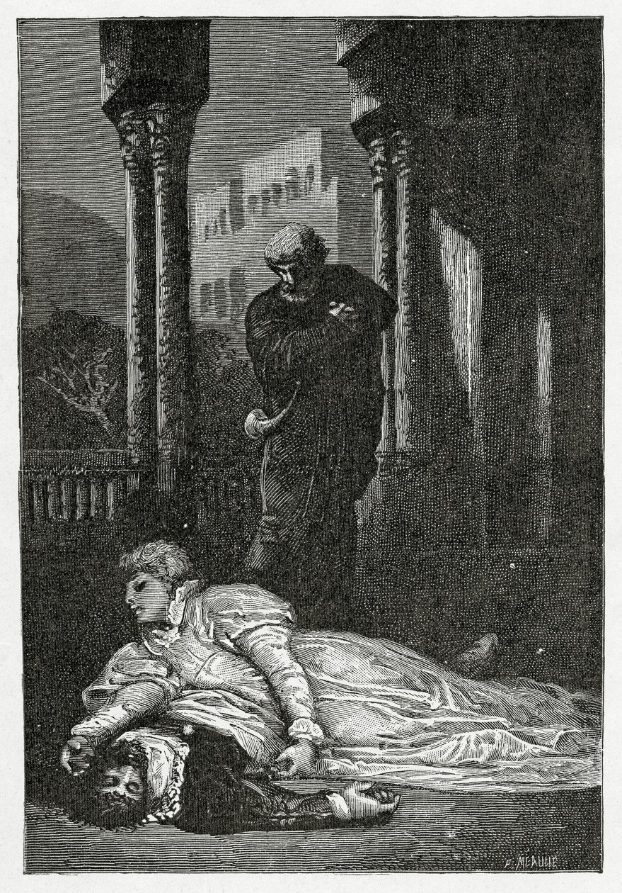 Dona Sol dör på Hernanis lik, 1800-talet (bw-gravyr) av Francois Nicolas Chifflart