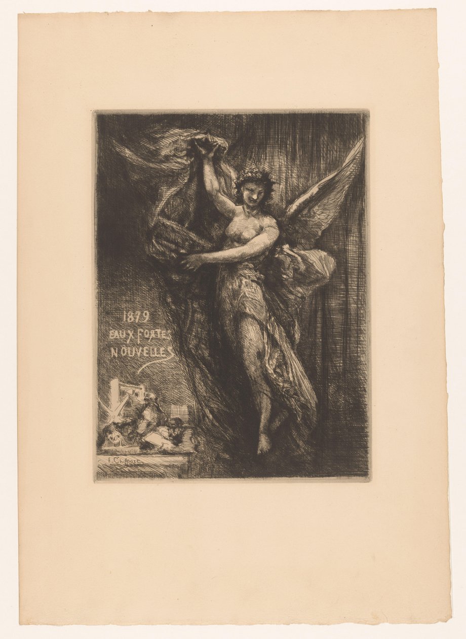 Titelprent sätter engel i drukpers 1879 Nya etsningar (titel på objekt) av Francois Nicolas Chifflart