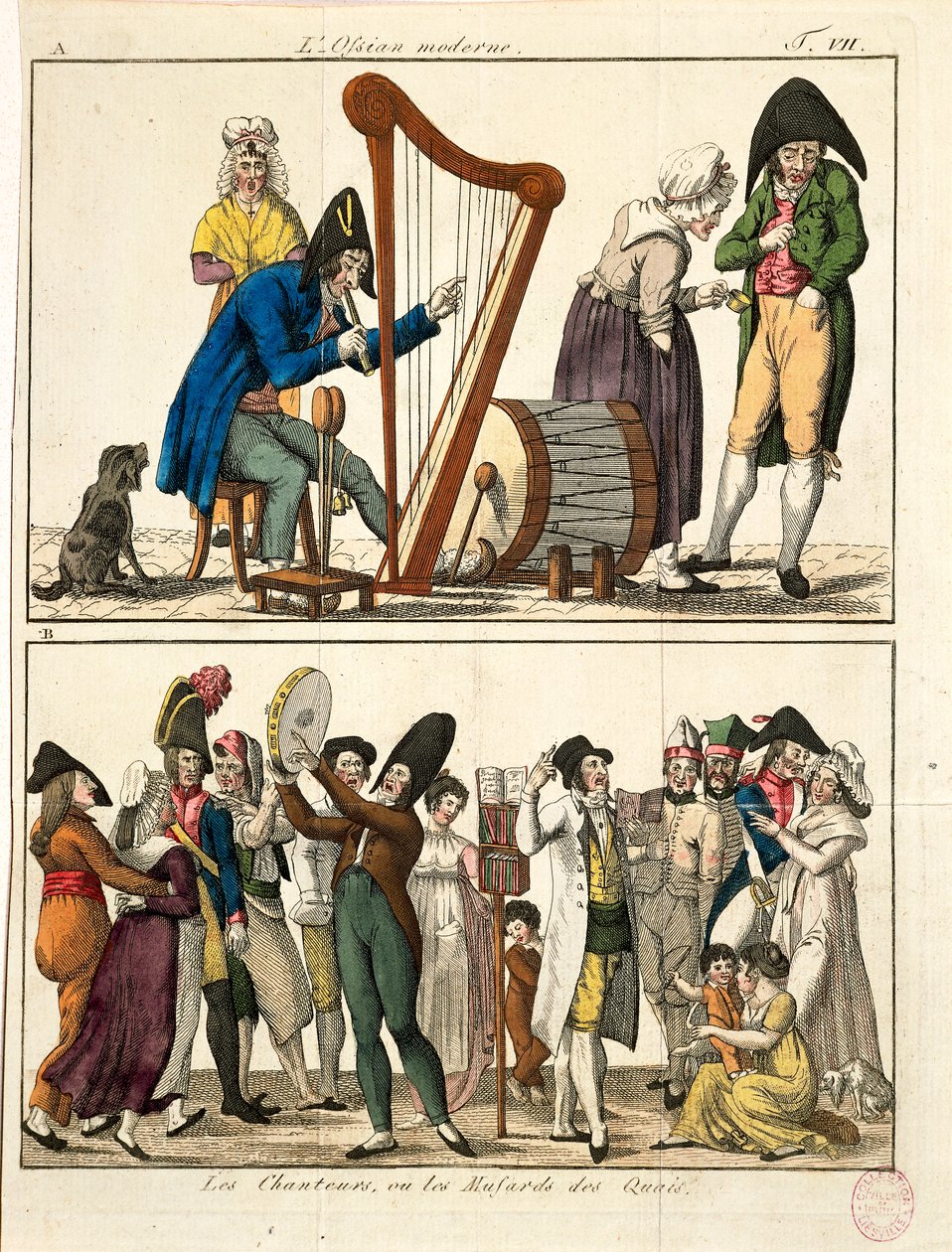 Karikatyr av modern Ossian och gatusångare, av Francois Nicolas Martinet, gravyr av Francois Nicolas Martinet