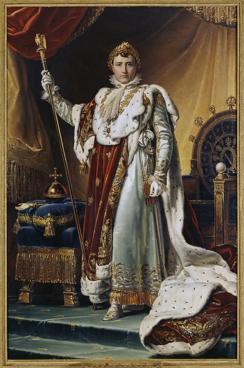 Porträtt av kejsar Napoleon I Bonaparte (1769-1821) i kröningsdräkt. (Porträtt av kejsar Napoleon I Bonaparte i hans kröningsdräkt). Målning av Francois Pascal Simon, baron Gerard (1770-1837), olja på duk, cirka 1804. Fransk konst av Baron François Pascal Simon Gérard