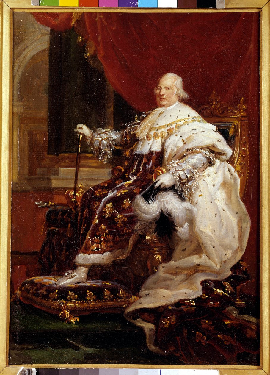 Portrait en pied de Louis XVIII (1755-1824) and costume de corre Målning av Francois Gerard (1770-1837) 1814 Sön. 0,32 x 0,23 m - Hellängdsporträtt av Ludvig XVIII (1755-1824) i kröningsdräkt. Målning av Francois Gerard (1770-1837) av Baron François Pascal Simon Gérard