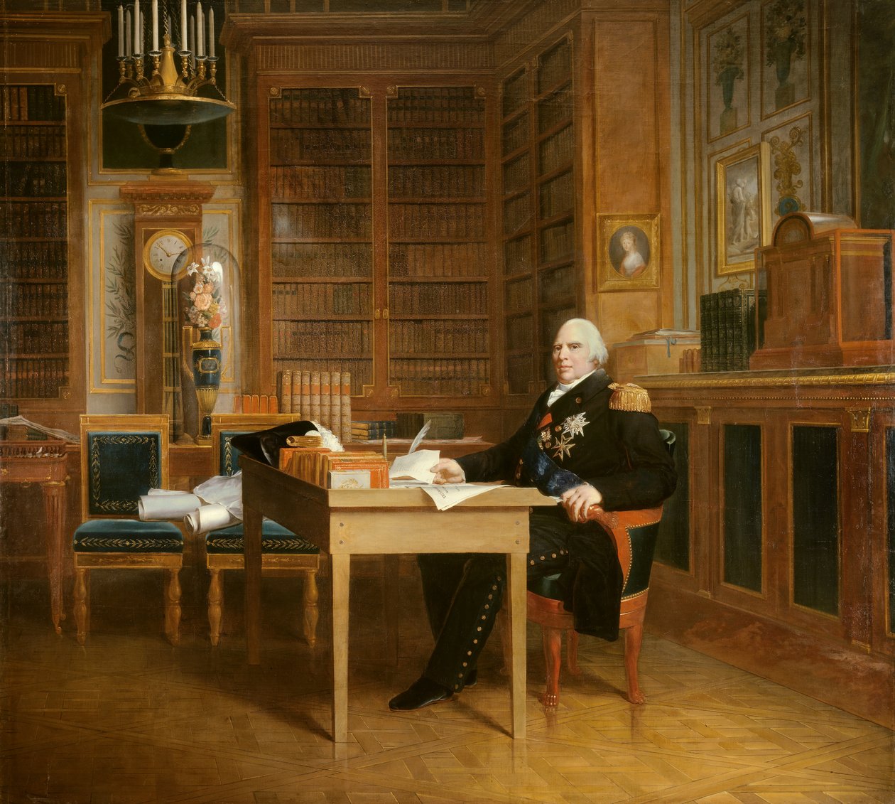 Porträtt av Ludvig XVIII (1755-1824) har sitt kontor på Tuilerierna och mediterar över Chartermålningen av Francois Gerard (1770-1837) efter Marigny. 1800-talet. Dämpa. 2,7x3,1 m. - Porträtt av Ludvig XVIII (1755-1824) som mediterar över stadgan sittande k av Baron François Pascal Simon Gérard