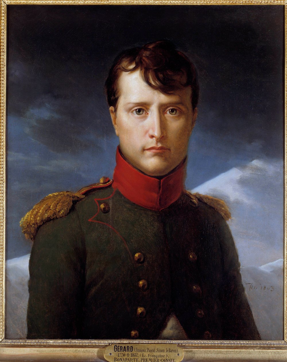 Porträtt av Napoleon Bonaparte (1769-1821) i målning av Premierkonsul av Francois Gerard (1770-1837) 1803 Sön. 0,62x0,53 m Chantilly, musee Conde - Porträtt av Napoleon Bonaparte (1769-1821) som förste konsul -Apinting av Francois Gerard (1770-1837), olja  av Baron François Pascal Simon Gérard