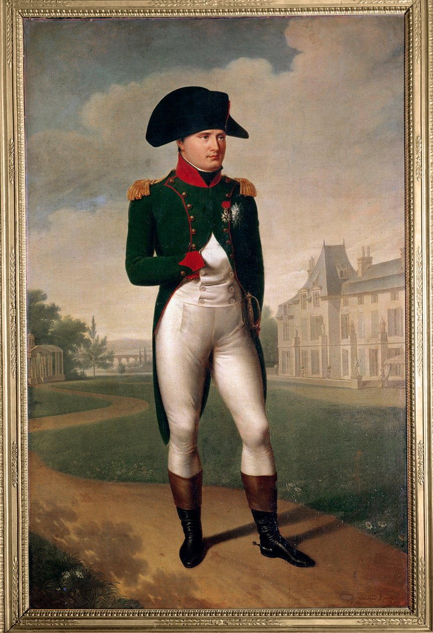 Porträtt av Napoleon bonaparte (1769-1821) framför slottet Malmaison (klädd till konsul). I Reuil Malmaison (Hauts de Seine) 1804. Målning av Francois Gerard (1770-1837) Malmaison från 1800-talet, musee du chateau - Hellängdsporträtt av Napo av Baron François Pascal Simon Gérard