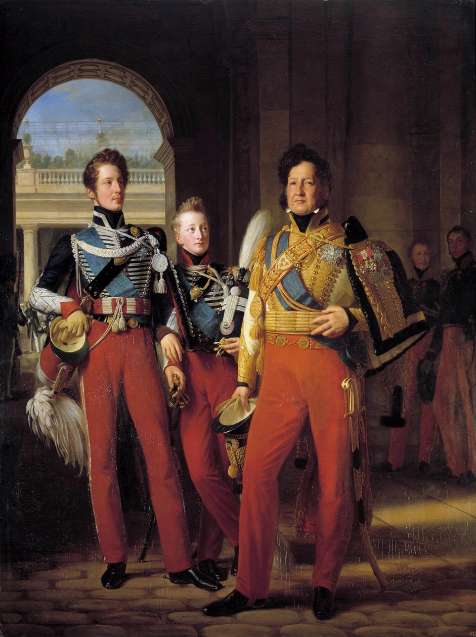 Porträtt till fots av Louis-Philippe I (1773-1850), hertig av Orleans i uniform som överste-general av Hussarderna, och av hans söner: hertigen av Chartres och hertigen av Nemours målning av Louis Hersent (1777-1860) efter Francois Gerard (1770-1837) 1832. av Baron François Pascal Simon Gérard