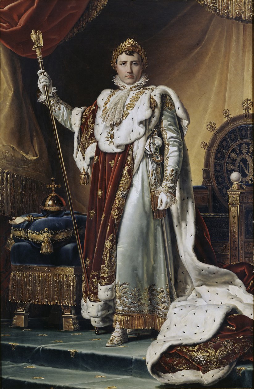 Porträtt av kejsar Napoléon I Bonaparte 1769-1821 i hans kröningsdräkt, ca 1804 av Francois Pascal Simon Gerard