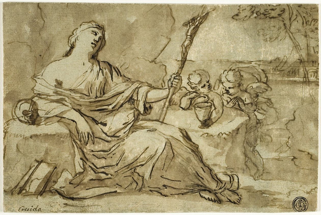 Magdalena i vildmarken med två putti av Francois Perrier
