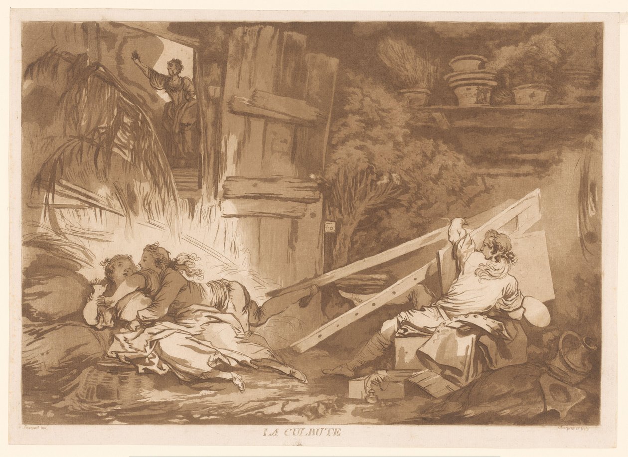 Ung snubblande man faller på en kvinna som målas La Culbute (titel på objekt) av Francois Philippe Charpentier