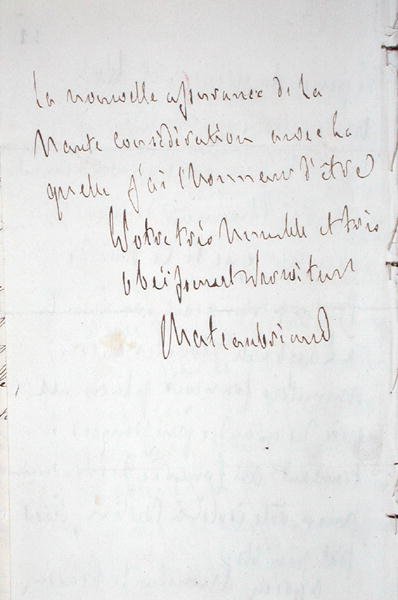 Brev med författarens underskrift, skrivet i Frankfurt på väg till Chateaubriand ny post som ministerbefullmäktig i Berlin, 7 januari 1821 (penna och bläck på papper) av Francois Rene Vicomte de Chateaubriand