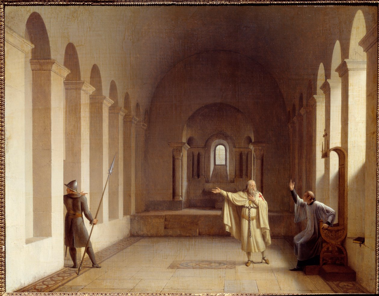 Jacques de Molay (Molai) (1243-1314), tempelherrarnas store mästare Jacques de Molay stoppad sedan 1307, är fängslad på det kungliga palatset i Chinon där han förhörs av påvliga och kungliga representanter. Målning av Francois Richard Fleury (1777-1852) S av Francois Richard Fleury