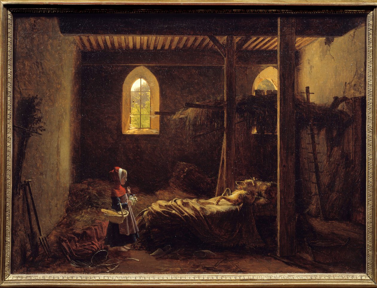 Rödluvan Illustration av Charles Perraults berättelse, Rödluvan framför vargen utklädd till mormor. Målning av Francois Richard Fleury (1777-1852) 1800-talets sön. 0,35x0,47 m . av Francois Richard Fleury