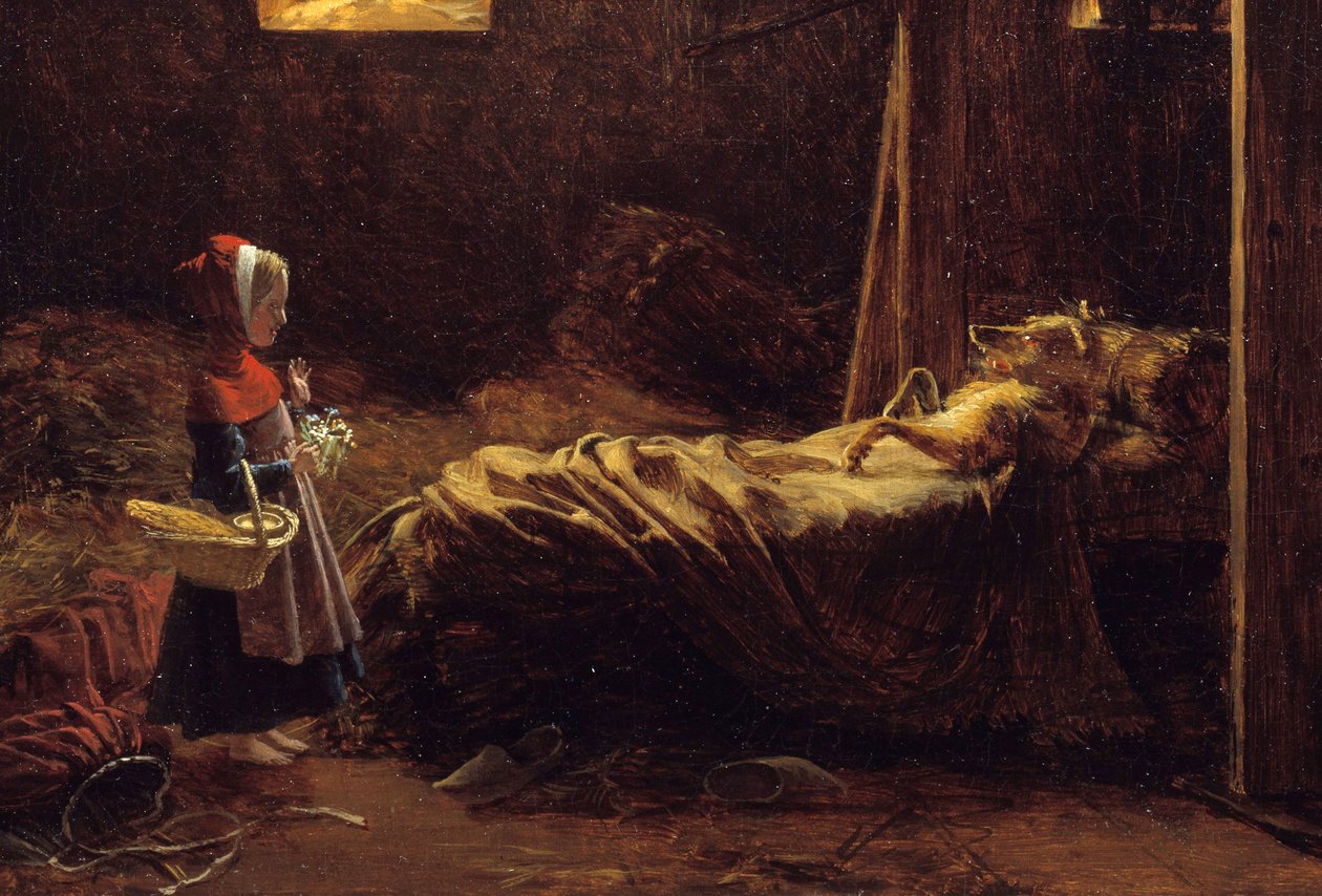 Rödluvan, detalj. Illustration av berättelsen om Charles Perrault, den lilla rödluvan framför vargen utklädd till mormor. Målning av Francois Richard Fleury (1777-1852) 1800-talets sön. 0,35x0,47 m . av Francois Richard Fleury