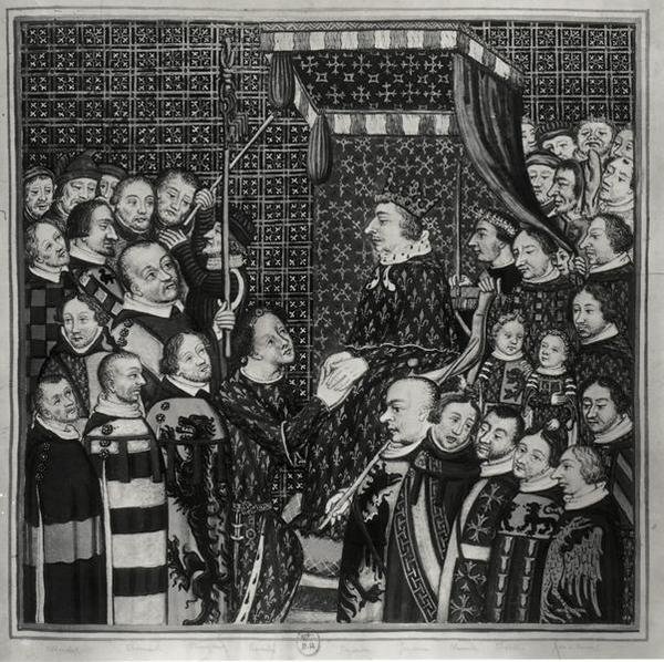 Ludvig II (1337-1410) Greve av Clement, hyllande Karl V (1338-80) kopia av en miniatyr från 1300-talet (akvarell på papper) (s/v foto) av Francois Roger de Gaignieres