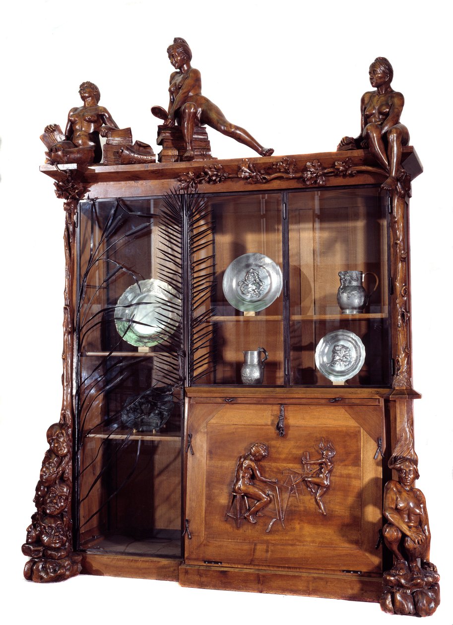 Möbler: bokhylla av valnöt och smide tillverkad av Francois Hubert Carabin (1862-1932) 1890 Sön. 2,9 m Paris. Orsay museum av Francois Rupert Carabin