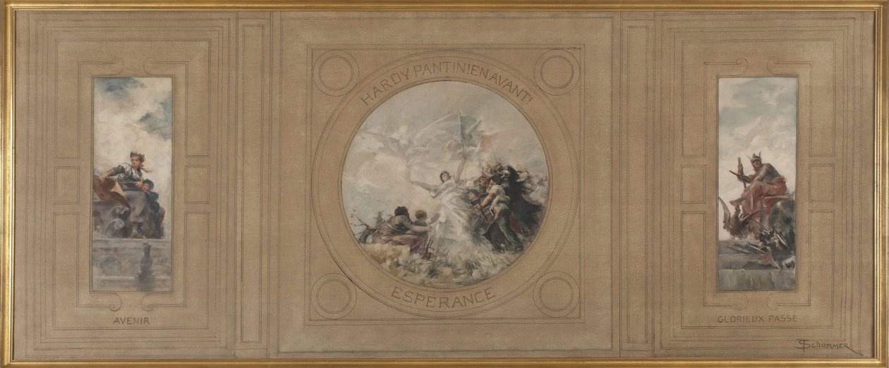 Skiss för stadshuset i Pantin: Avenir. Hardy Pantin! Framåt. Espérance. Gloriöst förflutet, år 1886 (olja på duk) av Francois Schommer