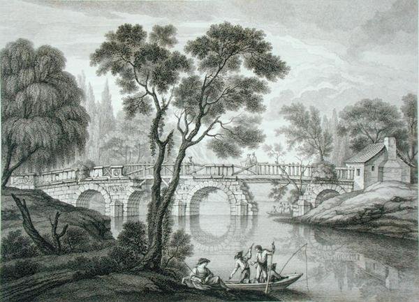Design för en ruinös bro för trädgården vid Syon House, publicerad 1778 (gravyr) av Francois Vivarez