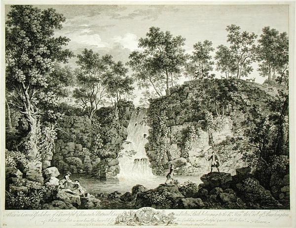 Vy över en kaskad vid Bolton Park, Craven, Yorkshire, publicerad 1753 (gravyr) av Francois Vivarez