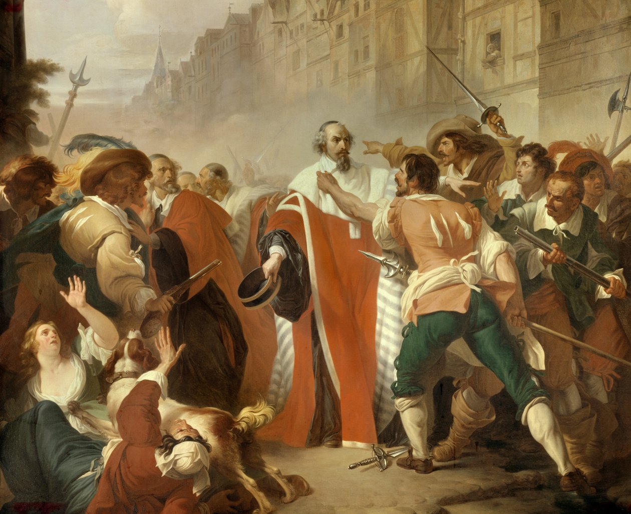 Sälarvakten Mathieu Mole (1584-1656) motståndskraftig mot fakultet under barrikadernas dag under Fronde den 27 augusti 1648 Den arga folkmassan kräver att Pierre Broussel, arresterad på grund av hans motstånd mot de nya skatterna som föreslagits av Ca. av Francois Xavier Dupre