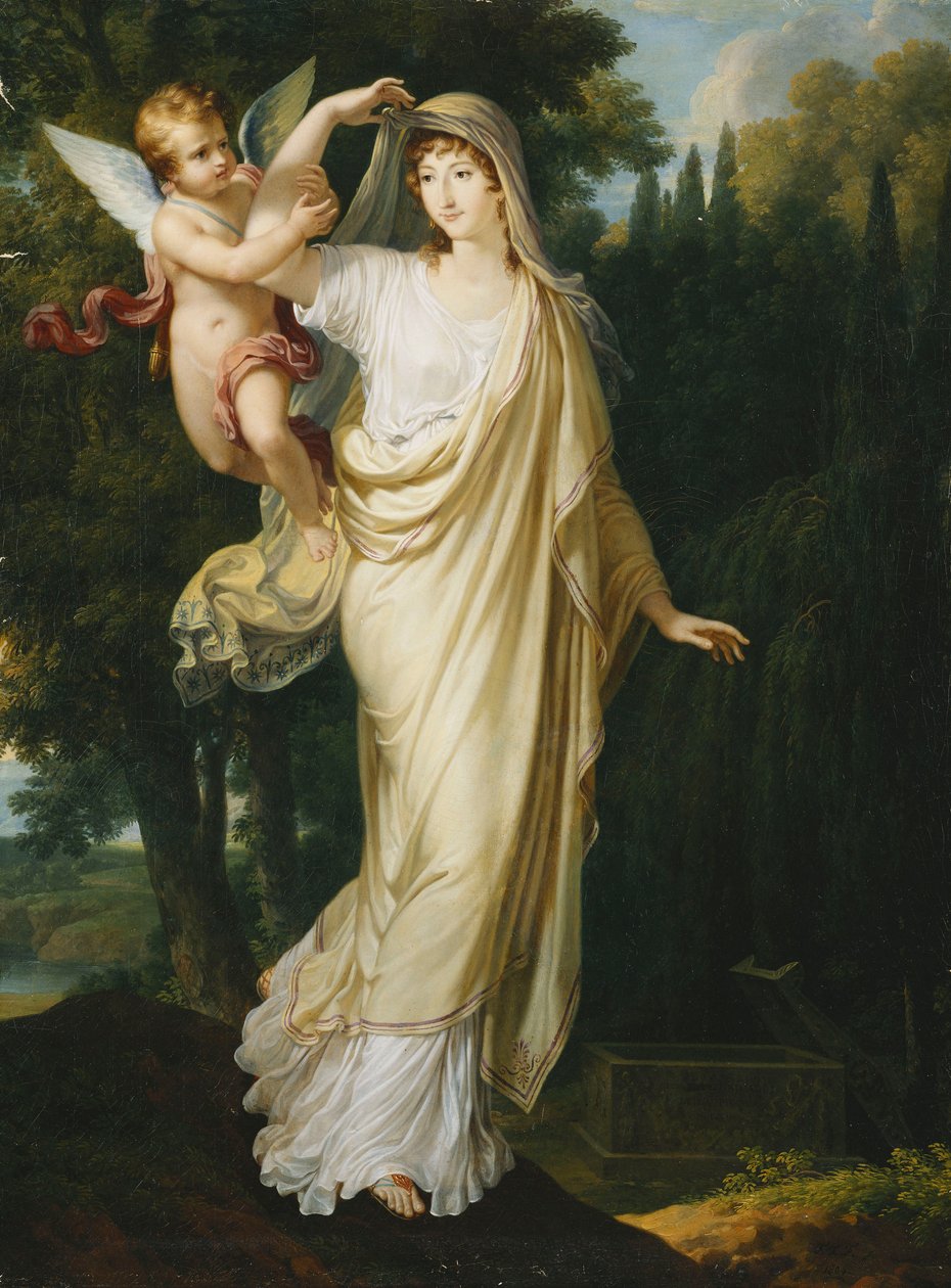 Postumt porträtt av Marquise Fanny Grimaldi, född Baronne von Burkenwald, Princess of Santa Cruce, Marquise de Monaco et de Genes på väg att gå med sin första make, markisen Giovanni Battista Grimaldi vid hans grav, 1804 av Francois Xavier Fabre